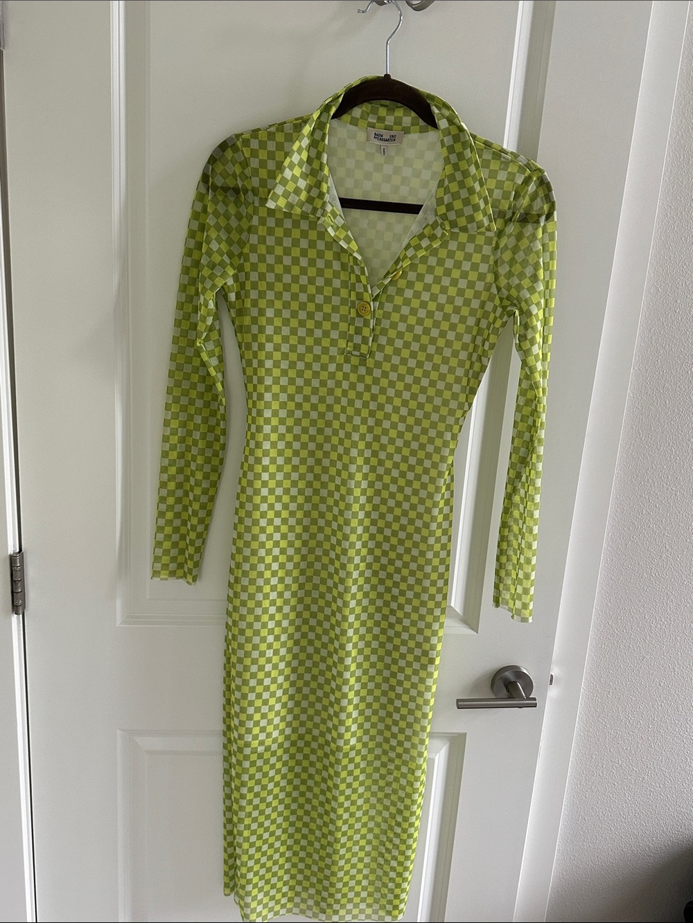 Checker Polo Long Sleeve Maxi Dress in Lime Green